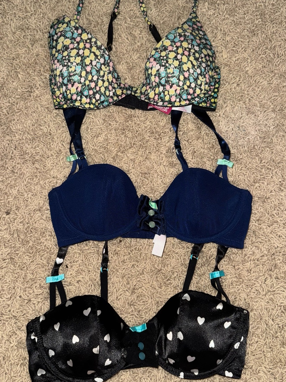 3-Pack Women’s Bra Set - Floral, Navy & Black Heart